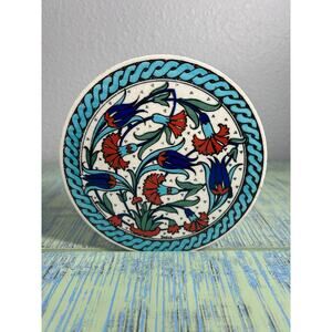 Hand-Painted Turkish Ceramic Coaster Iznik Tulip Carnation Floral CORK BACK 6X6